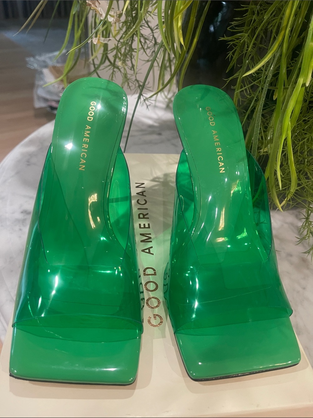 Good American Emerald Green Transparent Slide Mules